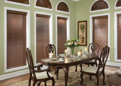 Wooden Blinds in Dining Room with Custom Shape for Arc Windows